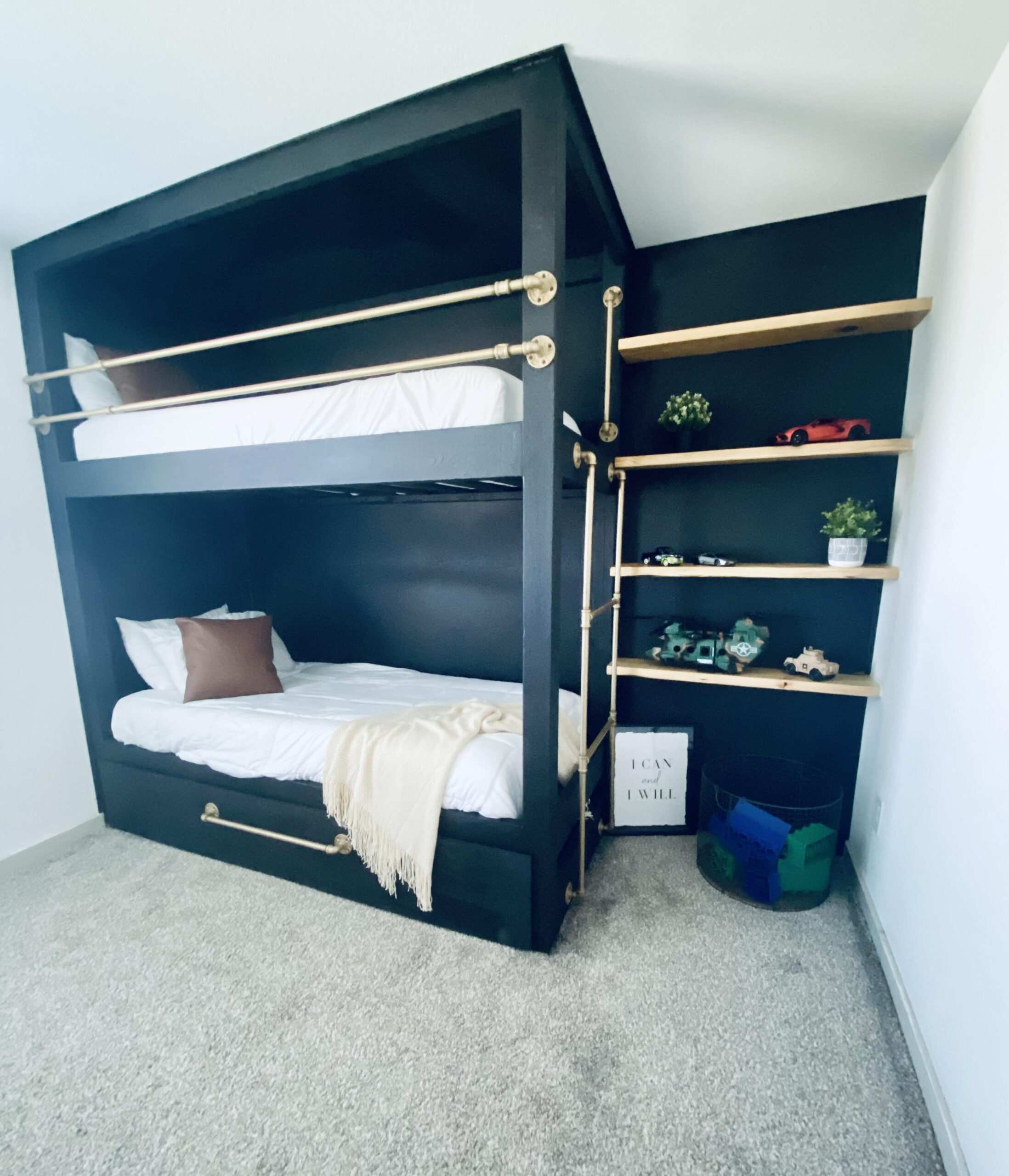 Custom black bunk bed with integrated storage